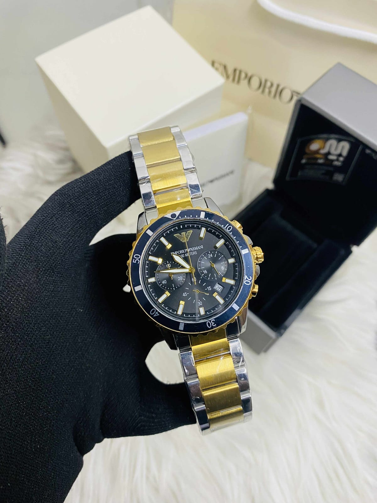Emporio Armani World explore Black And Golden Dial Chronograph mens watch